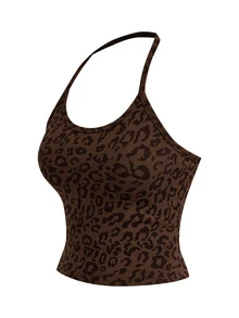 SHEIN Cheerettes Women's Leopard Print Halter Neck Tank Top And Shorts Sports Set - Coffee Brown - View 7