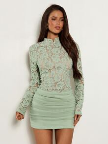 Aloruh Green Lace Women's Long Sleeve Ruched Fitted Sexy Mini Dress - Green - View 6