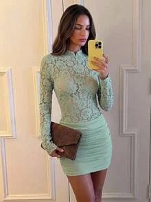 Aloruh Green Lace Women's Long Sleeve Ruched Fitted Sexy Mini Dress - Green - View 8