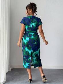 Elenzga Plus Size Elegant Floral Print Dress, Summer - Green - View 3