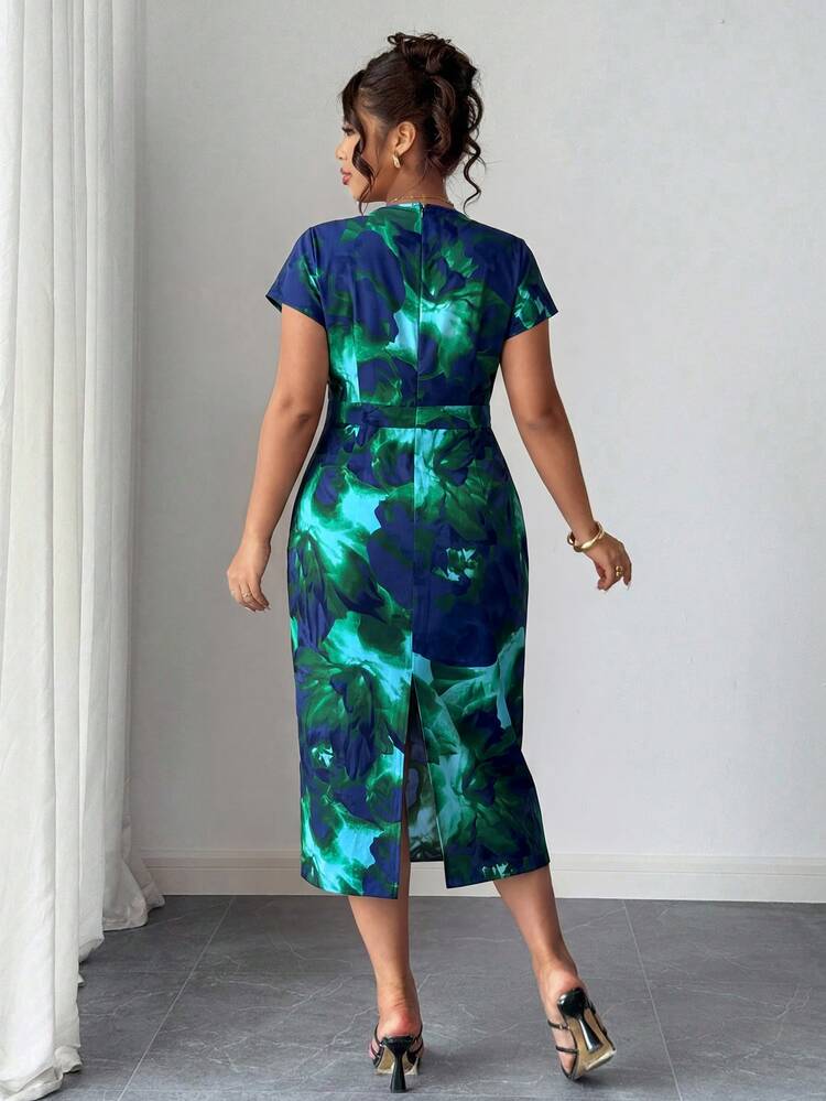 Elenzga Plus Size Elegant Floral Print Dress, Summer - Green - View 3