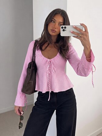 Siren Gaze Camisa casual a rayas con lazo delantero para mujer, otoño