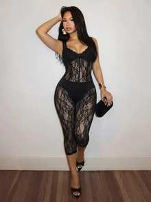 Slaydiva Celana Legging Pendek Wanita Pinggang Tinggi Berenda Rajut dengan Sambungan Selangkangan, Model Bodycon, Panjang Setengah Betis, Celana Capri Ketat - Hitam - View 2