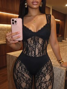 Slaydiva Celana Legging Pendek Wanita Pinggang Tinggi Berenda Rajut dengan Sambungan Selangkangan, Model Bodycon, Panjang Setengah Betis, Celana Capri Ketat - Hitam - View 8