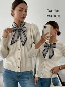 SHEIN Franclia White Round Neck Ribbon Tie Front Cardigan, Autumn/Winter - White - View 7