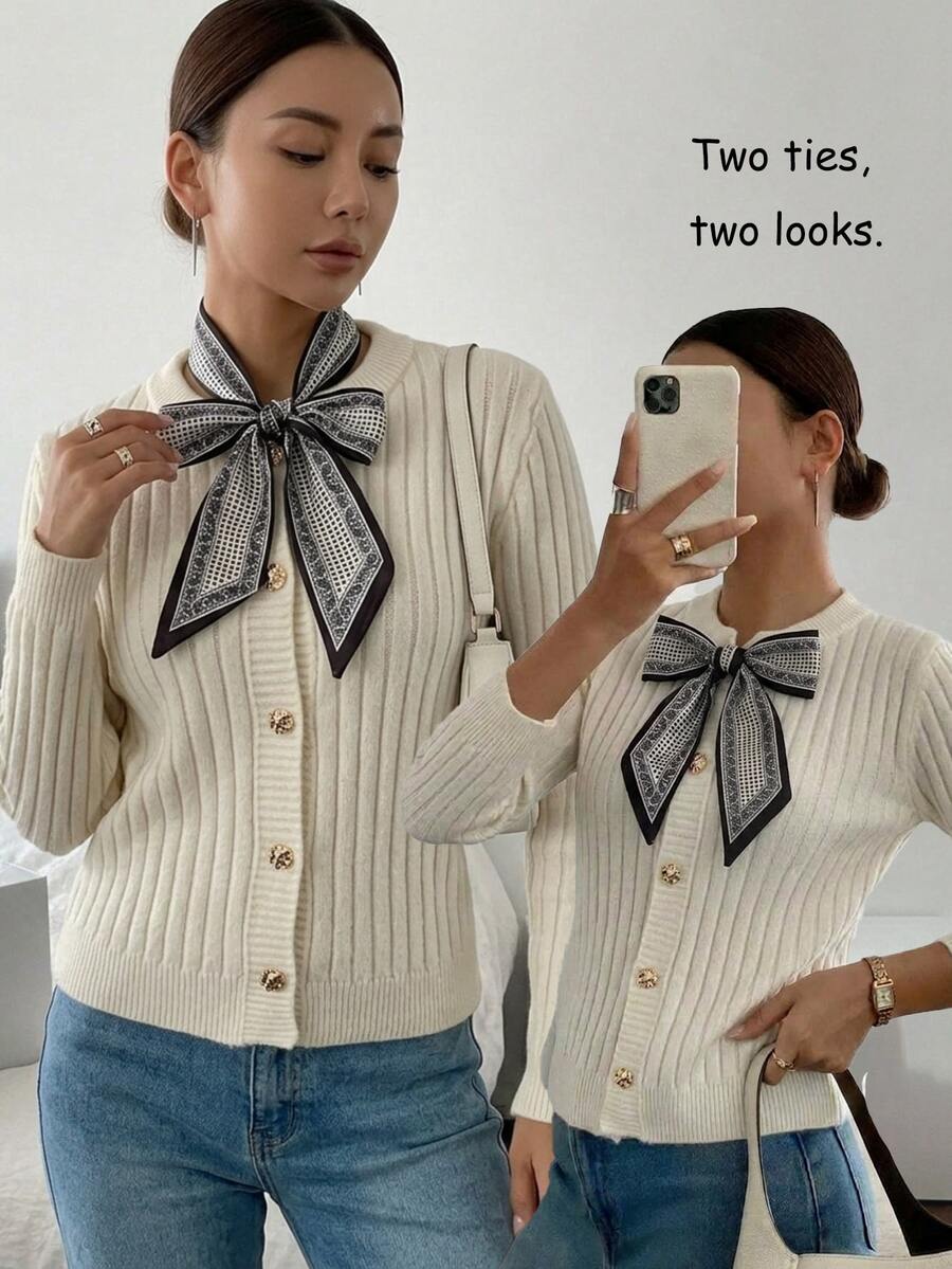 SHEIN Franclia 白色圓領蝴蝶結前綁帶開襟衫,秋冬款 - 白色 - 查看 1