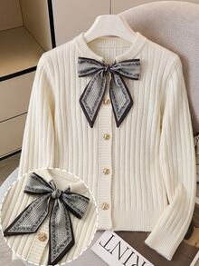 SHEIN Franclia White Round Neck Ribbon Tie Front Cardigan, Autumn/Winter - White - View 1
