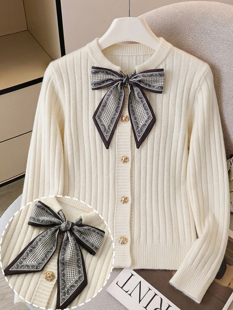SHEIN Franclia White Round Neck Ribbon Tie Front Cardigan, Autumn/Winter - White - View 1