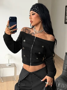 Coolane 女款秋冬街頭風性感Y2K時尚龐克電音派對裝飾拉鍊修身黑色露肩上衣黑色運動衫秋冬穿搭Y2K上衣 - 黑色 - 查看 2