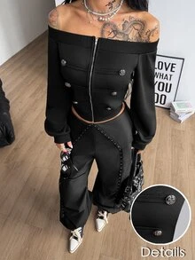 Coolane 女款秋冬街頭風性感Y2K時尚龐克電音派對裝飾拉鍊修身黑色露肩上衣黑色運動衫秋冬穿搭Y2K上衣 - 黑色 - 查看 8