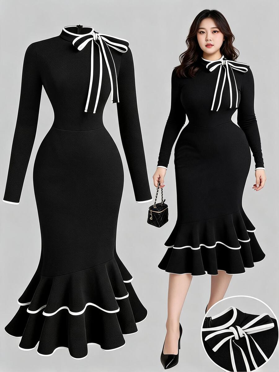 Sweetra French Style Black & White Contrast Color Evening Dress, Bowknot Neckline, Long Sleeve, Ruffle Hem, Fitted Mermaid Silhouette, Elegant Party Dress - Black and White - View 1