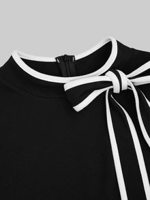 Sweetra French Style Black & White Contrast Color Evening Dress, Bowknot Neckline, Long Sleeve, Ruffle Hem, Fitted Mermaid Silhouette, Elegant Party Dress - Black and White - View 8