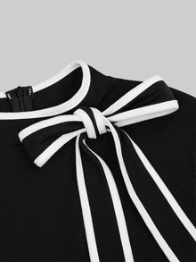 Sweetra French Style Black & White Contrast Color Evening Dress, Bowknot Neckline, Long Sleeve, Ruffle Hem, Fitted Mermaid Silhouette, Elegant Party Dress - Black and White - View 6