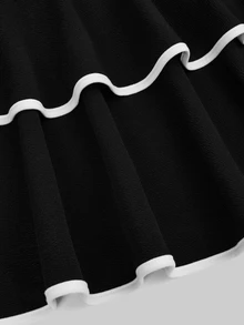 Sweetra French Style Black & White Contrast Color Evening Dress, Bowknot Neckline, Long Sleeve, Ruffle Hem, Fitted Mermaid Silhouette, Elegant Party Dress - Black and White - View 3