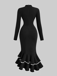 Sweetra French Style Black & White Contrast Color Evening Dress, Bowknot Neckline, Long Sleeve, Ruffle Hem, Fitted Mermaid Silhouette, Elegant Party Dress - Black and White - View 2