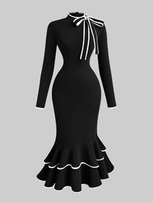 Sweetra French Style Black & White Contrast Color Evening Dress, Bowknot Neckline, Long Sleeve, Ruffle Hem, Fitted Mermaid Silhouette, Elegant Party Dress - Black and White - View 9