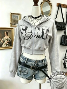 Lalippa Hoodie kasual wanita bergaya jalanan yang serbaguna dengan resleting, menampilkan hiasan huruf dan kancing logam. - MultiWarna - View 1