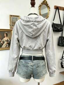 Lalippa Hoodie kasual wanita bergaya jalanan yang serbaguna dengan resleting, menampilkan hiasan huruf dan kancing logam. - MultiWarna - View 2
