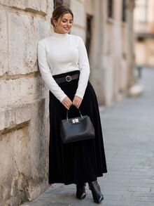 Chikora Plus Size Velvet High Waist Long Skirt With Belt Fall - Black - View 5