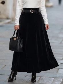 Chikora Plus Size Velvet High Waist Long Skirt With Belt Fall - Black - View 4