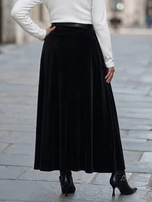 Chikora Plus Size Velvet High Waist Long Skirt With Belt Fall - Black - View 2