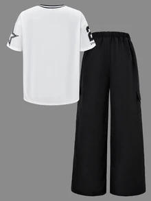 SHEIN ChillGRL 青少年女孩 2件組 短袖休閒黑白夏季返校牛仔字母條紋V領T恤與工裝直筒褲 - 黑色 - 查看 2