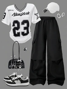 SHEIN ChillGRL 青少年女孩 2件組 短袖休閒黑白夏季返校牛仔字母條紋V領T恤與工裝直筒褲 - 黑色 - 查看 1