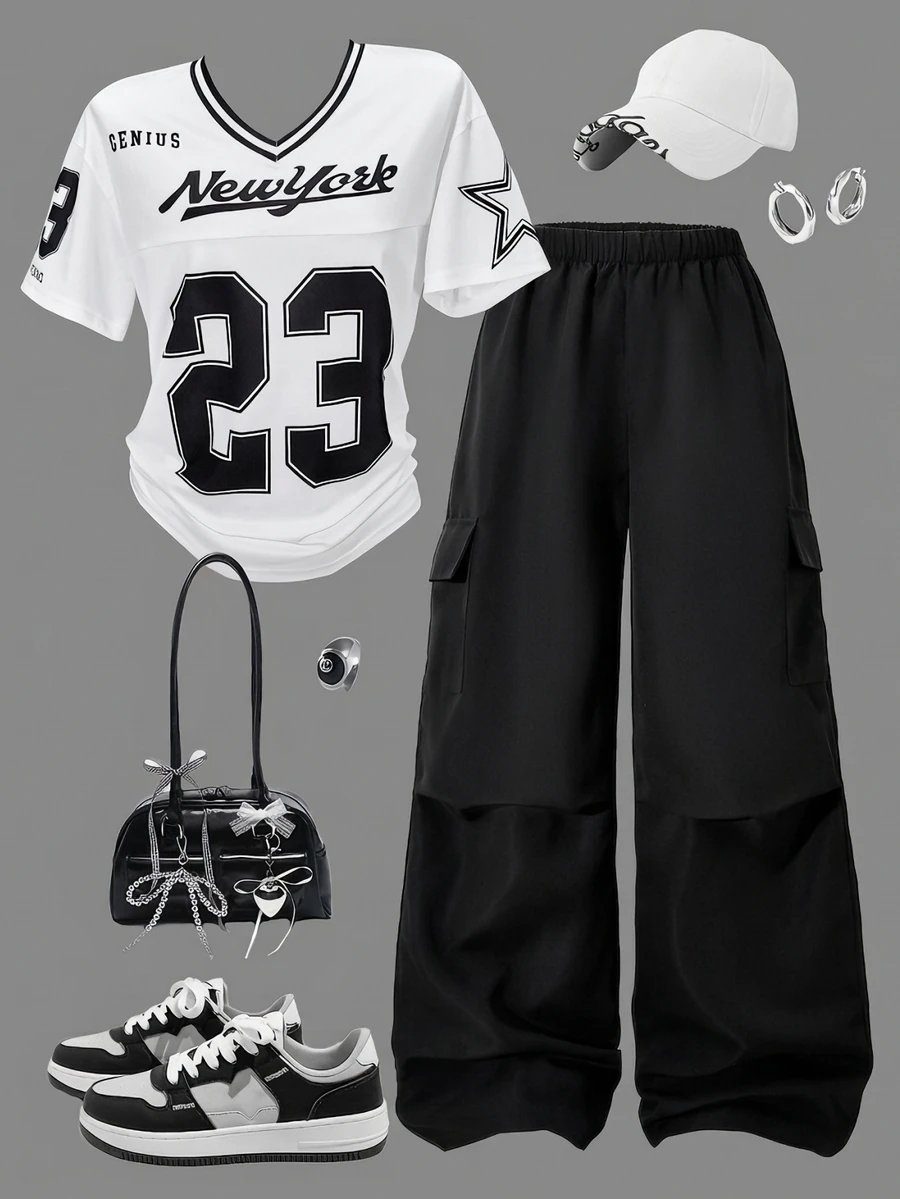 SHEIN ChillGRL 青少年女孩 2件組 短袖休閒黑白夏季返校牛仔字母條紋V領T恤與工裝直筒褲 - 黑色 - 查看 1