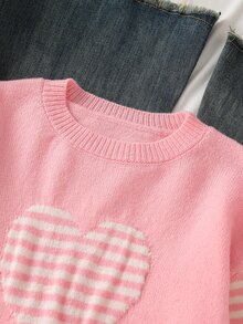 Tween Girl Heart Stripe Pink Cute Pullover Sweater Autumn Winter - Pink - View 7