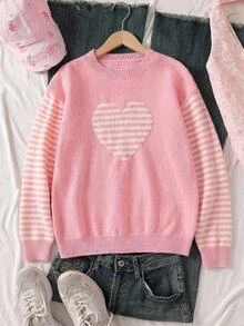 Tween Girl Heart Stripe Pink Cute Pullover Sweater Autumn Winter - Pink - View 9