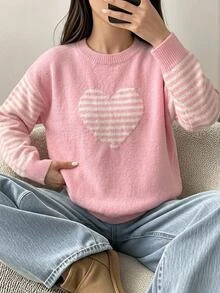 Tween Girl Heart Stripe Pink Cute Pullover Sweater Autumn Winter - Pink - View 1