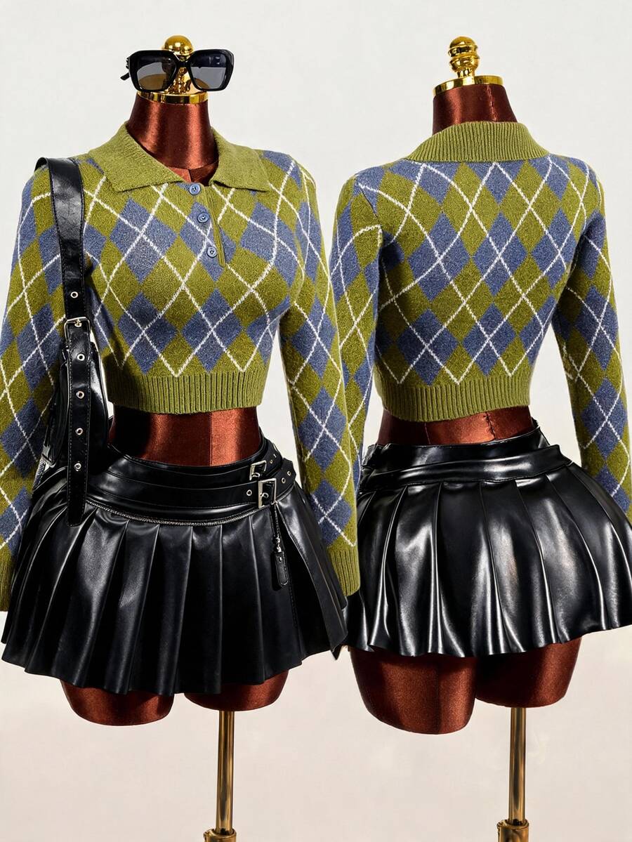 Mistrie Argyle Pattern Polo Collar Crop Sweater Brunch School Olive Green Autumn Preppy Retro