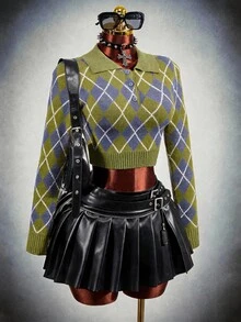 Mistrie Argyle Pattern Polo Collar Crop Sweater Brunch School Olive Green Autumn Preppy Retro - Multicolor - View 3