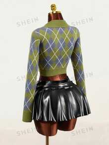 Mistrie Argyle Pattern Polo Collar Crop Sweater Brunch School Olive Green Autumn Preppy Retro - Multicolor - View 4
