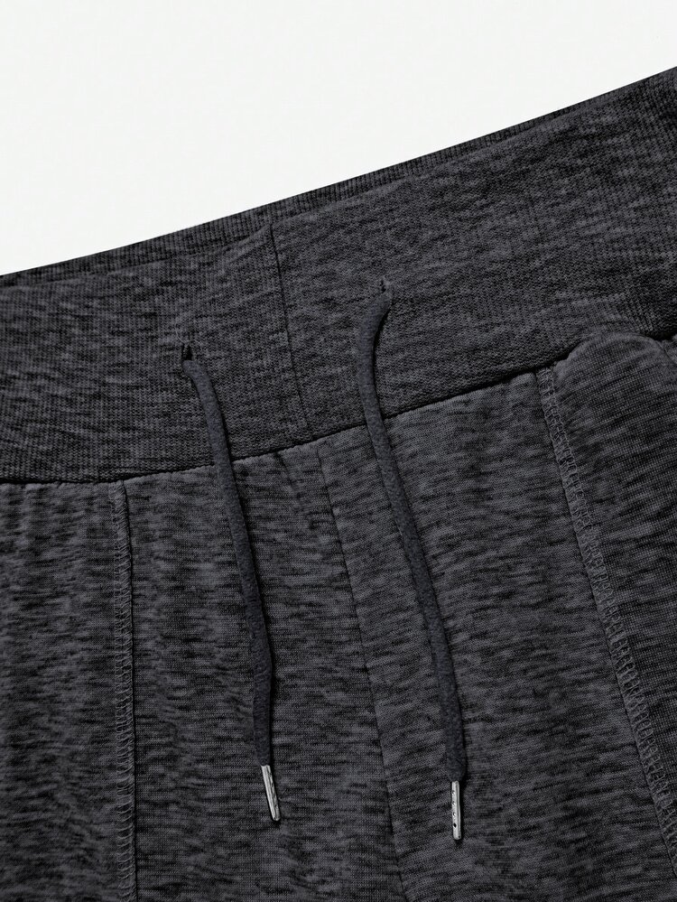 INAWLY Women's Solid Color Long Sleeve Crew Neck Cropped Sweatshirt And Elastic Waist Straight Loose Sweatpants 2 Pieces Set - Dark Grey - View 3