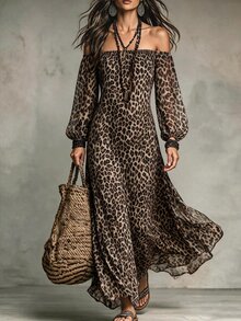 SHEIN Holidaya Gaun Liburan Vintage Baru untuk Wanita dengan Leher Persegi, Bahu Terbuka, Dapat Dipakai Dua Arah, Motif Leopard, Lengan Kelopak, Panjang Sedang - Coklat - View 4