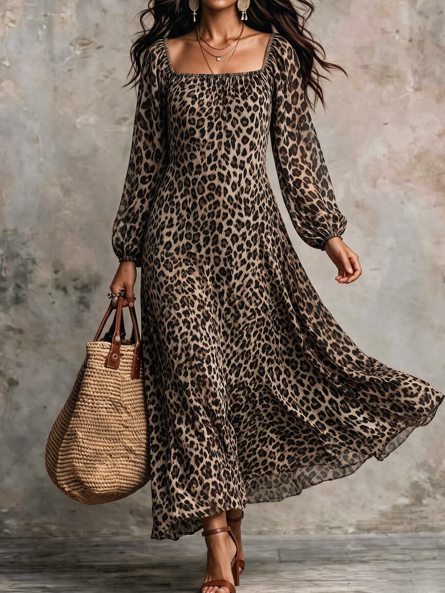 SHEIN Holidaya Gaun Liburan Vintage Baru untuk Wanita dengan Leher Persegi, Bahu Terbuka, Dapat Dipakai Dua Arah, Motif Leopard, Lengan Kelopak, Panjang Sedang