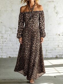 SHEIN Holidaya Gaun Liburan Vintage Baru untuk Wanita dengan Leher Persegi, Bahu Terbuka, Dapat Dipakai Dua Arah, Motif Leopard, Lengan Kelopak, Panjang Sedang - Coklat - View 8