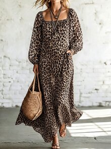 SHEIN Holidaya Gaun Liburan Vintage Baru untuk Wanita dengan Leher Persegi, Bahu Terbuka, Dapat Dipakai Dua Arah, Motif Leopard, Lengan Kelopak, Panjang Sedang - Coklat - View 6