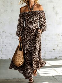 SHEIN Holidaya Gaun Liburan Vintage Baru untuk Wanita dengan Leher Persegi, Bahu Terbuka, Dapat Dipakai Dua Arah, Motif Leopard, Lengan Kelopak, Panjang Sedang - Coklat - View 5