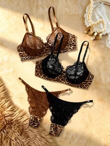 SHEIN Leopard Print Lace Women's Lingerie Set, BRA, Women's Panties, 4 Pieces Total - Black - View 1