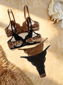 SHEIN Leopard Print Lace Women's Lingerie Set, BRA, Women's Panties, 4 Pieces Total - Black - View 2