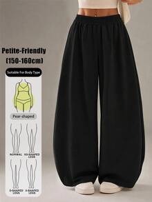 Vivamere Celana Jogging Kasual Longgar Kaki Lebar Pinggang Elastis Warna Polos untuk Wanita - Hitam - View 10