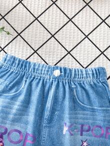 SHEIN 女童休閒牛仔風字母卡通角色印花裙 藍色 夏季 - 藍色 - 查看 7