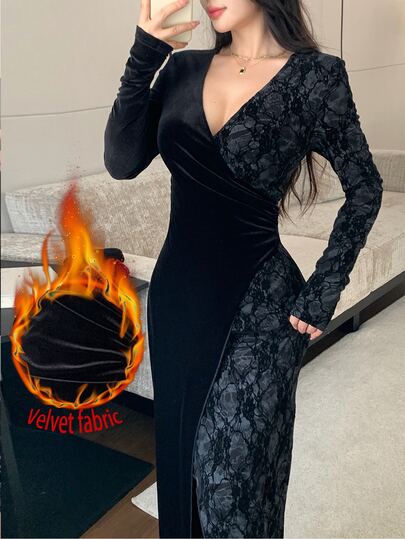 Modelyn Black Vintage Flocked & Flocked Floral Print Asymmetric Long Sleeve Wrap Fitted Slit Elegant French Style Evening Maxi Dress