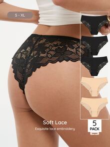Bralution Celana Dalam Wanita Seksi Motif Renda Patchwork untuk Sehari-hari, 3 Potong, Isi 5 Buah - MultiWarna - View 1