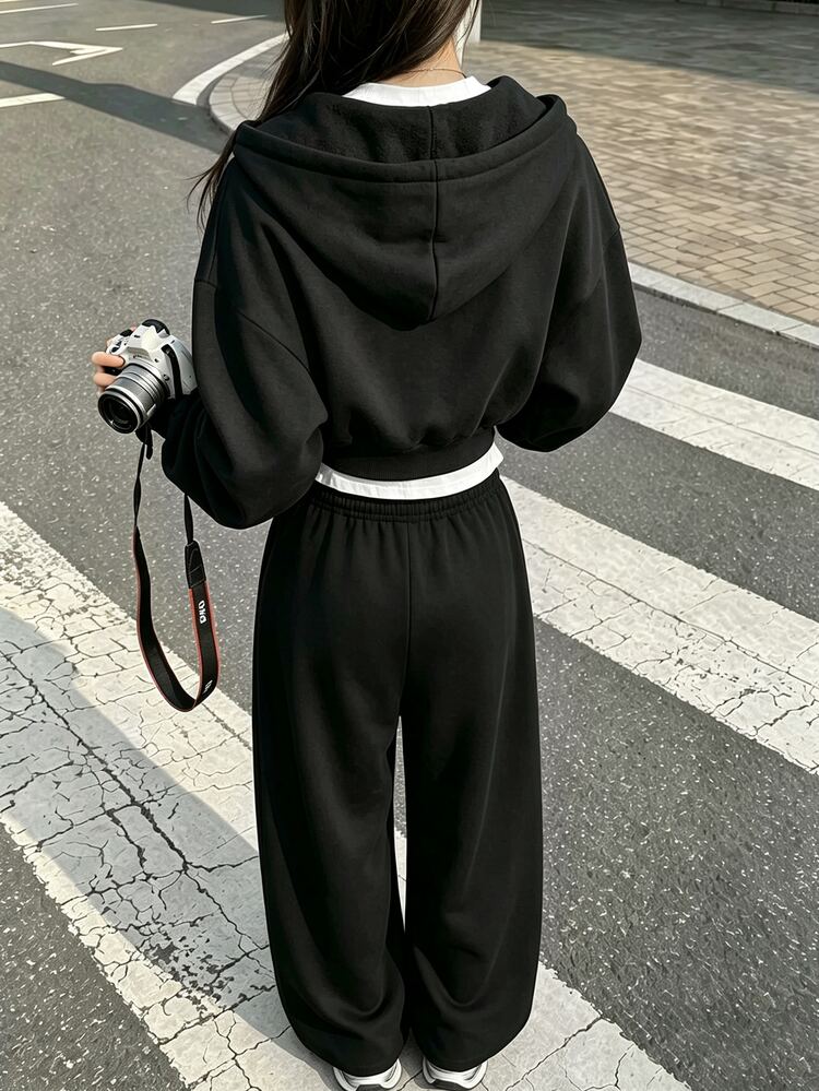 IslaSuriya New Women's Casual Loose High Waist Cropped Sweatshirt Wide Leg Pants Zipper Drawstring Sweatshirt Sports Two Pieces Set - Black - View 2
