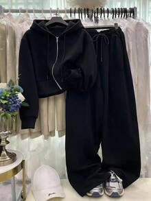 IslaSuriya New Women's Casual Loose High Waist Cropped Sweatshirt Wide Leg Pants Zipper Drawstring Sweatshirt Sports Two Pieces Set - Black - View 3