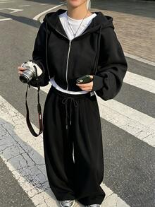IslaSuriya New Women's Casual Loose High Waist Cropped Sweatshirt Wide Leg Pants Zipper Drawstring Sweatshirt Sports Two Pieces Set - Black - View 1