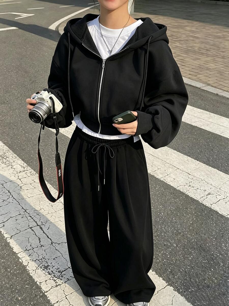 IslaSuriya New Women's Casual Loose High Waist Cropped Sweatshirt Wide Leg Pants Zipper Drawstring Sweatshirt Sports Two Pieces Set - Black - View 1